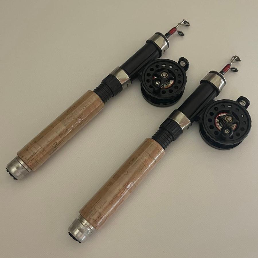 2本セット コンパクトロッド 65cm リール付き 木目調グリップ 短竿 穴