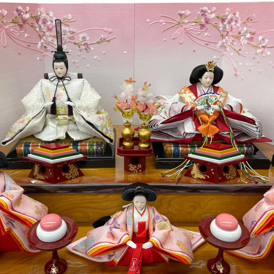 雛人形 コンパクト 白 赤 ひな人形 三段飾り 天然木 桜柄 おしゃれ