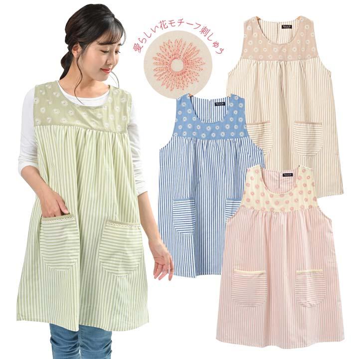 レディース トップス エプロン 後ろボタン 切り替え 花モチーフ 刺繍