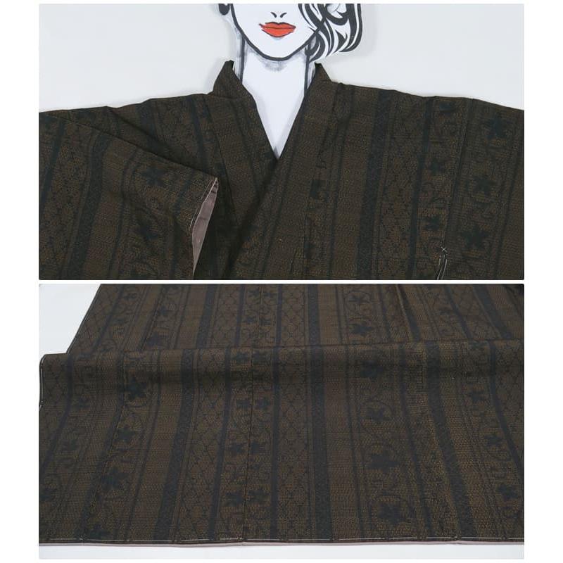 未使用品 紬 結城 真綿紬 リサイクル紬袷 経緯絣 絹 リユース着物 黒炭