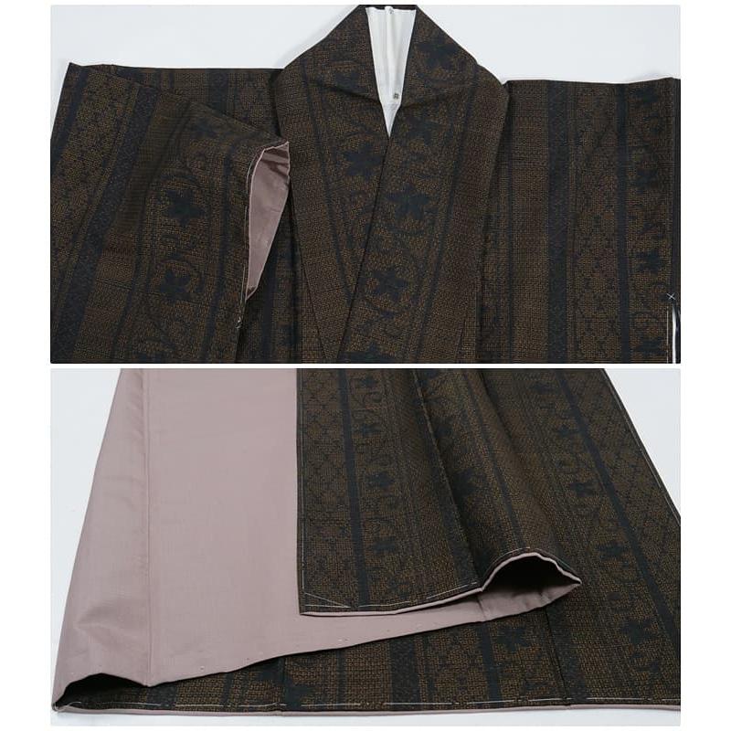 未使用品 紬 結城 真綿紬 リサイクル紬袷 経緯絣 絹 リユース着物 黒炭