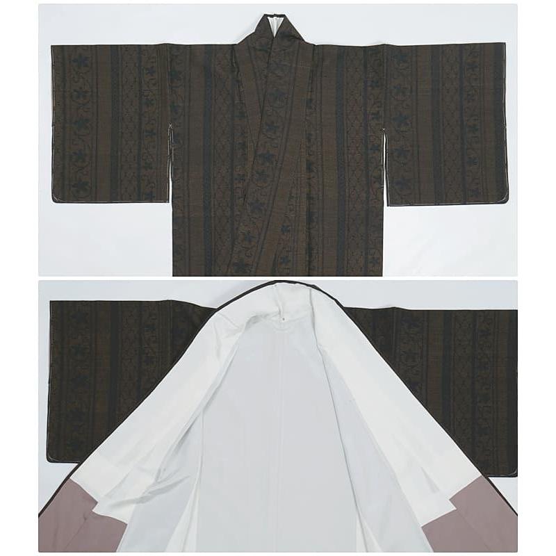 未使用品 紬 結城 真綿紬 リサイクル紬袷 経緯絣 絹 リユース着物 黒炭