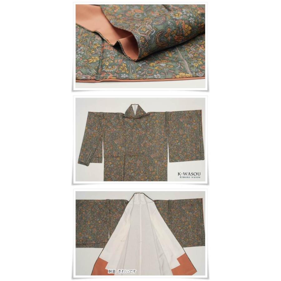 更紗染め小紋 中古着物」正絹着物 唐花文様 緑未使用品/小紋/着物