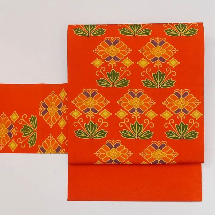 紅型 名古屋帯」紅型染名古屋帯 縮緬地 赤橙色 全通柄染め名古屋帯