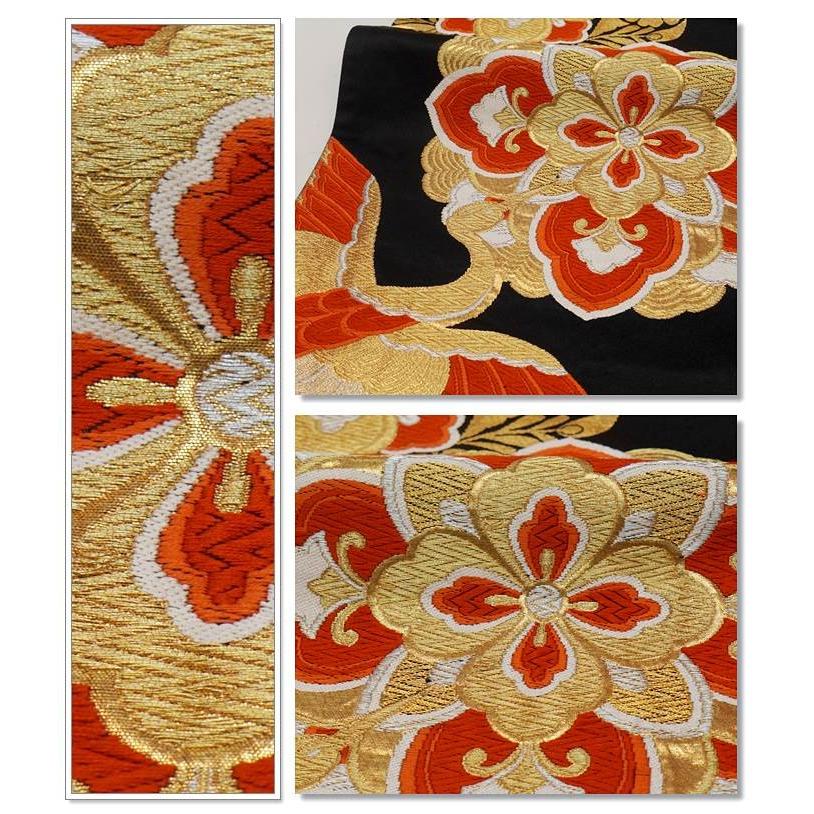 袋帯 正絹」リサイクル袋帯 黒地 六通柄 袋帯 a2m1m3「中古