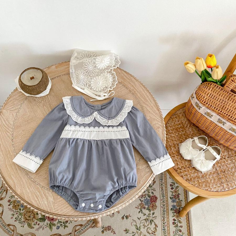 姉妹お揃い ベビーレース襟付き 長袖ロンパース ワンピース セット