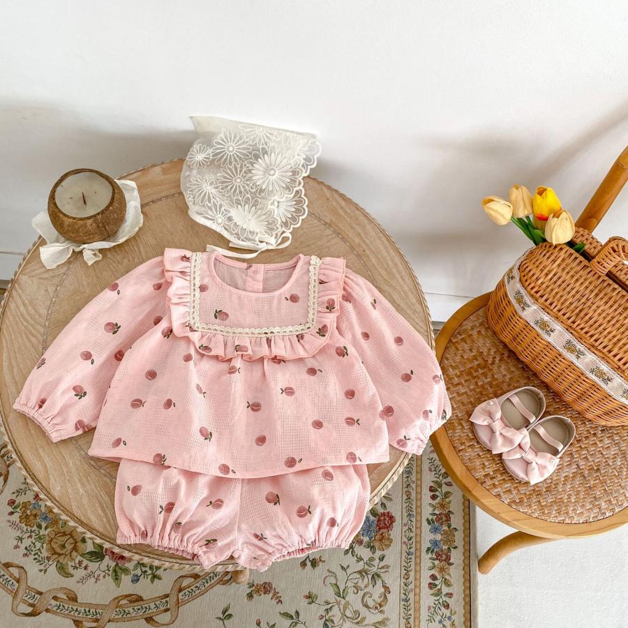桃柄 ピンク フリル 長袖トップス ブルマ 2点セット 可愛い ベビー服