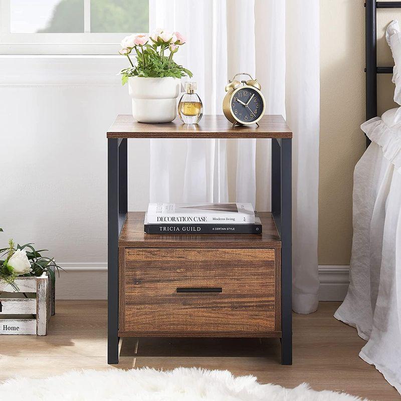 VECELO サイドテーブル ナイトテーブル ベッドサイドテーブル ブラウン