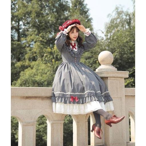 ロリータ服 ストライプ編み上げ ワンピース3色 クラシカル リボン