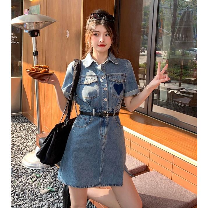 デニムワンピース 半袖 Aライン ワンピース レディース 襟付き デニム