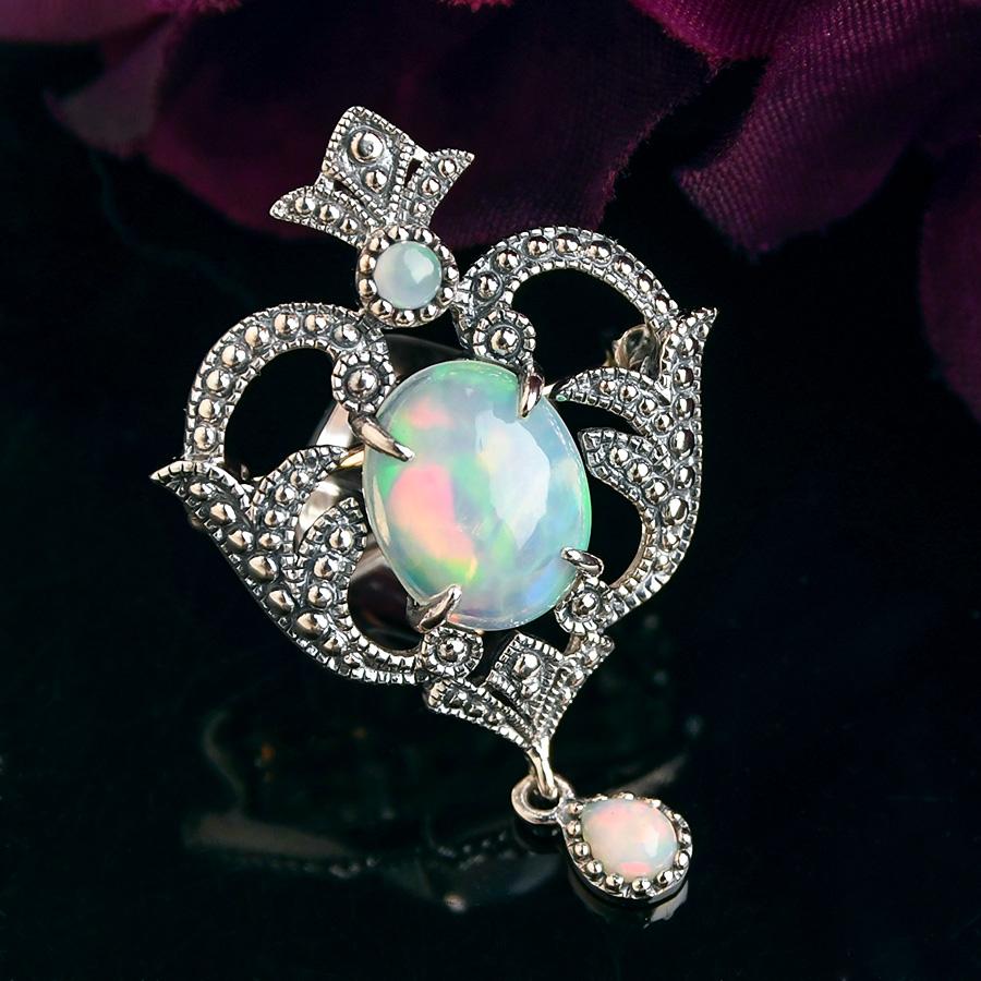 禄山 琥珀 & オパール アーバンリーフ シルバー ブローチ ペンダント