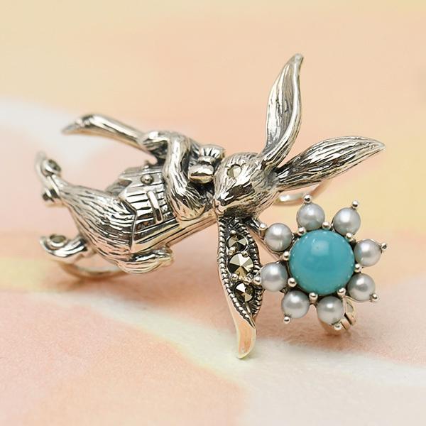 碌山 ターコイズ シードパール うさぎ ブローチペンダント おめかし