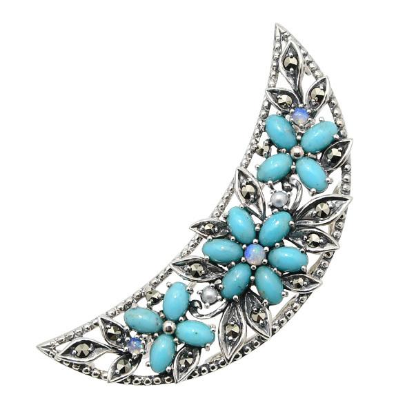 碌山 ターコイズ オパール 三日月 フラワー ブローチ ネックレストップ