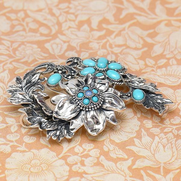 碌山 ターコイズ オパール アカンサスとフラワー ブローチペンダント