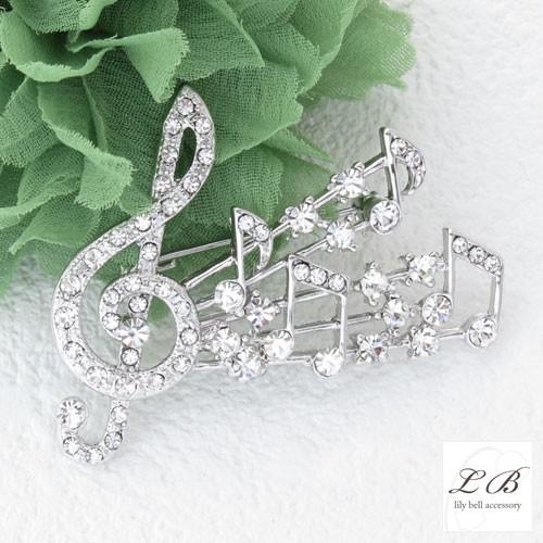 ブローチ(br34)ト音記号＆音符五線譜 ラインストーン音符ミュージック