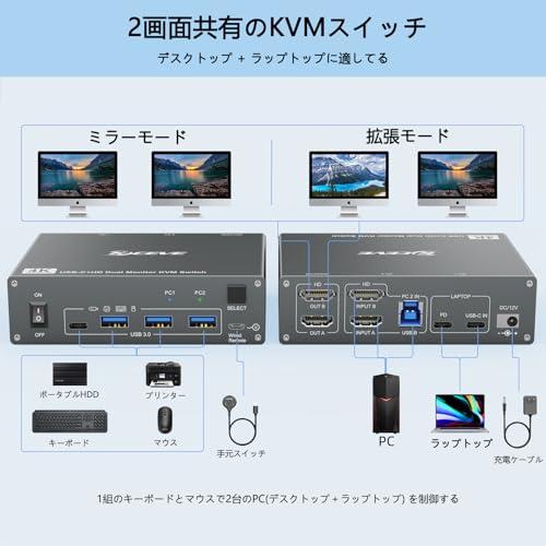 KCEVE デスクトップ＋ラップトップ、2入力2出力 デュアルモニター USB