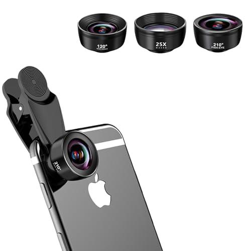 3-in-1スマホ用レンズキット 携帯レンズキット 210°魚眼レンズ +25X