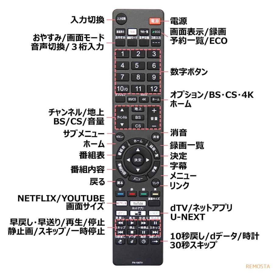REMOSTA（リモスタ） 互換品 FUNAI フナイ テレビリモコン 電池付き