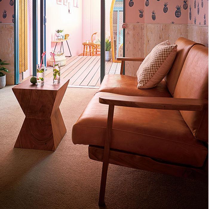 本革ソファ 2人掛け チーク 木製フレーム 天然木 レザー 2P ソファー