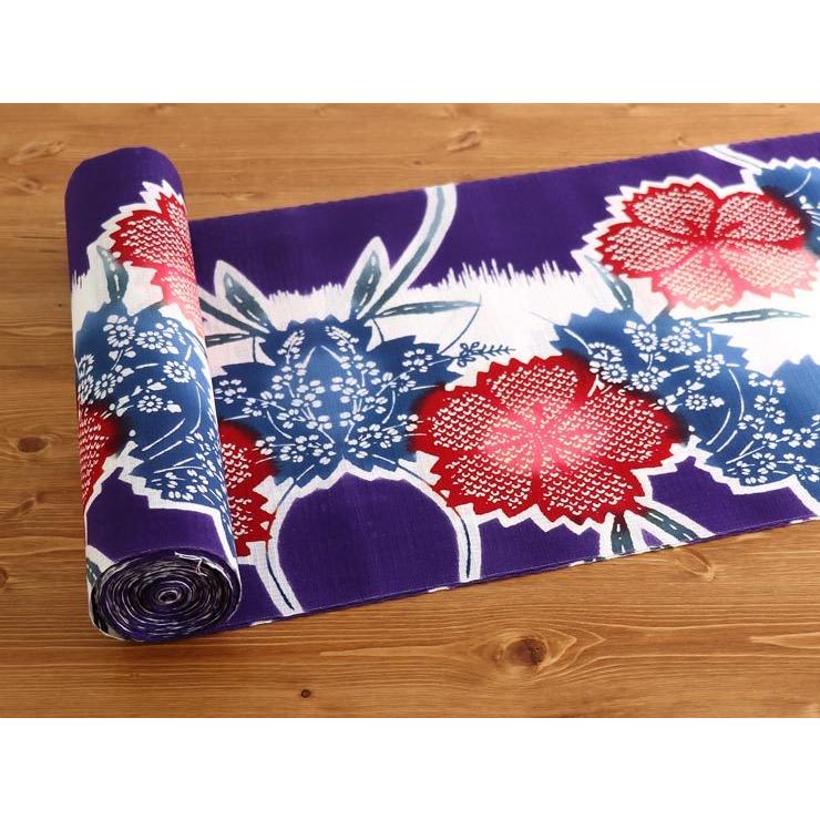 三勝」清水敬三郎好み・東京本染め/注染] 浴衣 反物 縞に撫子（紫×白