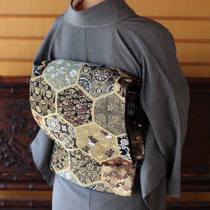 シルック [ 東レシルック 糸使用] 洗える 袋帯 織・亀甲に変わり紋 (黒