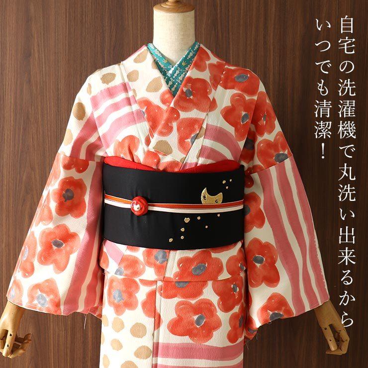 洗える 小紋 着物 袷 フラワー横段 オフシロ 赤 (282-b) 日本製 プレタ