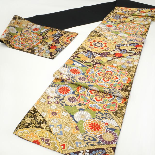 袋帯 有職華飾錦文 黒地 ブラック 菊 華文 花七宝 桐 古典柄 多色 金糸