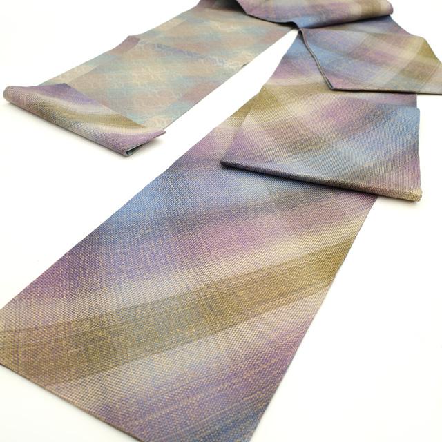 袋帯 京都 西陣 全通 組織 組み織り 手組み 上質 金糸 紫 青 鶯色