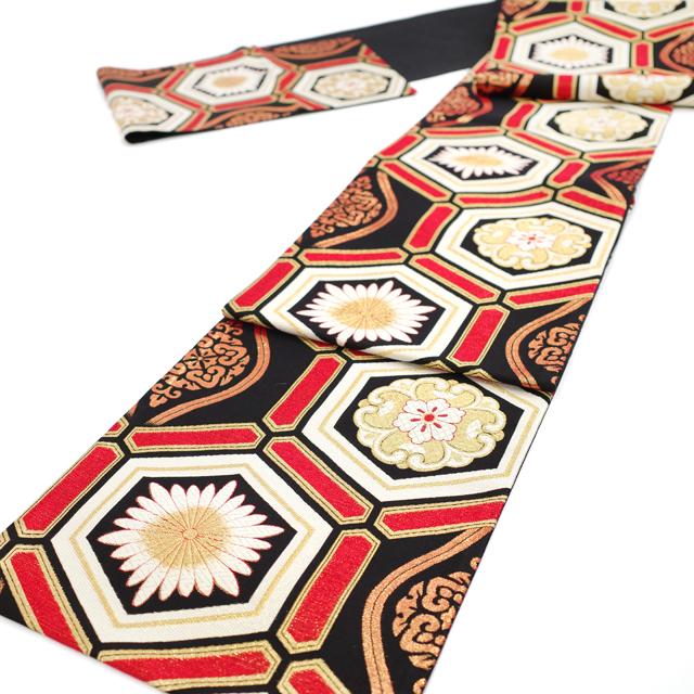 振袖用 袋帯 金糸 ラメ糸 黒 赤 亀甲 華文 立涌 フォーマル 着物 成人