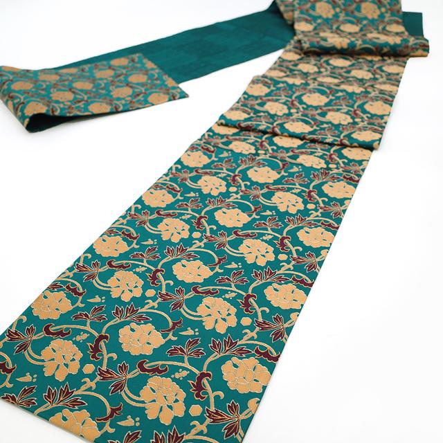 袋帯 西陣 京藝 正絹 絹 ターコイズグリーン 牡丹唐草文様 全通 セミ