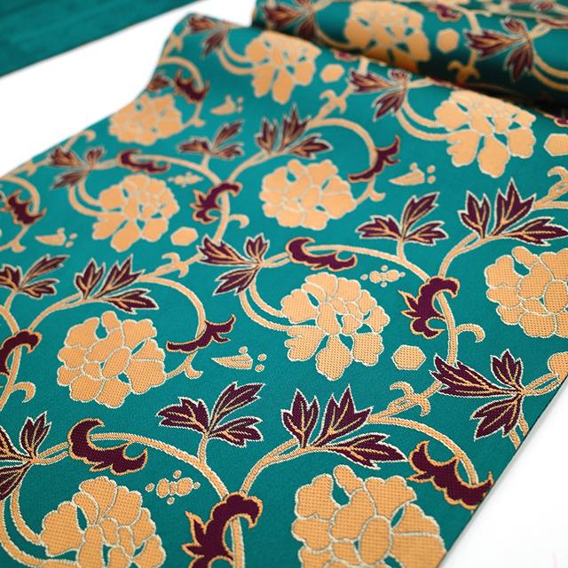 袋帯 西陣 京藝 正絹 絹 ターコイズグリーン 牡丹唐草文様 全通 セミ
