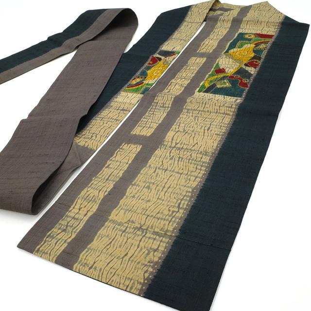 名古屋帯 九寸 京都 しょうざん 生紬 正絹 手染め 絞り グレー × 百入