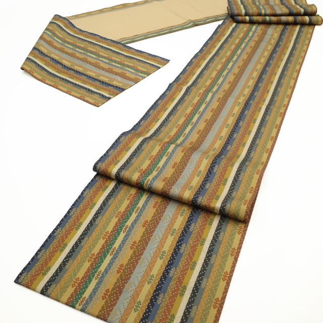 龍村美術織物 開き 名古屋帯 京袋帯 たつむら 全通 天平段文 薄茶 青紺