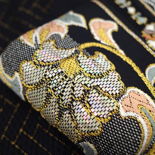 袋帯 螺鈿箔 正絹 絹 金糸 銀糸 黒地 黒 花唐草 横段 花菱 網代文