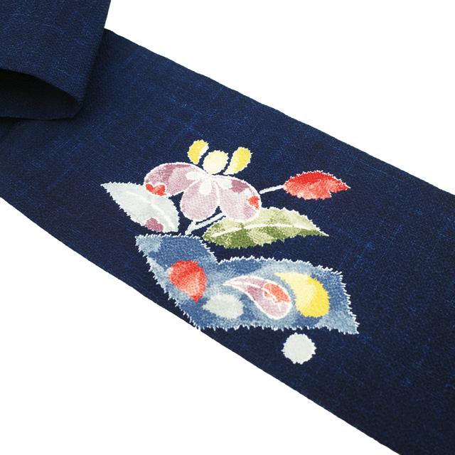 名古屋帯 リサイクル 九寸 縮緬 正絹 染め帯 手染め 濃紺色 青海波