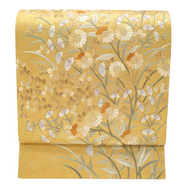 袋帯 未使用 フォーマル 正絹 手刺繍 蘇州刺繍 引箔地 金色地 菊 草花