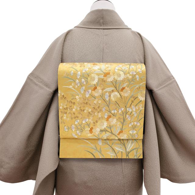 袋帯 未使用 フォーマル 正絹 手刺繍 蘇州刺繍 引箔地 金色地 菊 草花