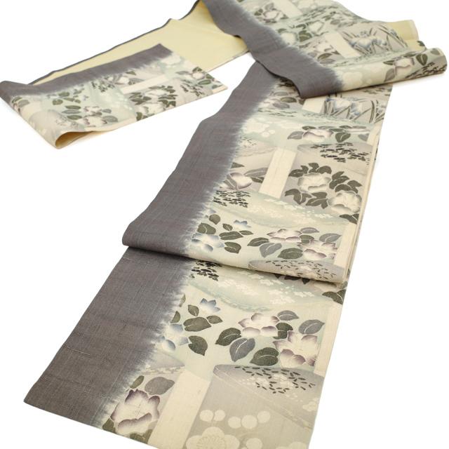 名古屋帯 リサイクル 九寸 正絹 多ち花 摺型友禅 紬 手染め 絞り 生成