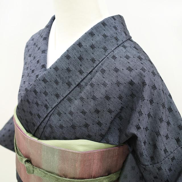 紬 袷 着物 訪問着 十日町 花織 正絹 濃グレー 淡グリーン 横段