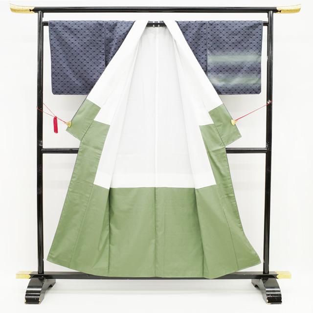 紬 袷 着物 訪問着 十日町 花織 正絹 濃グレー 淡グリーン 横段