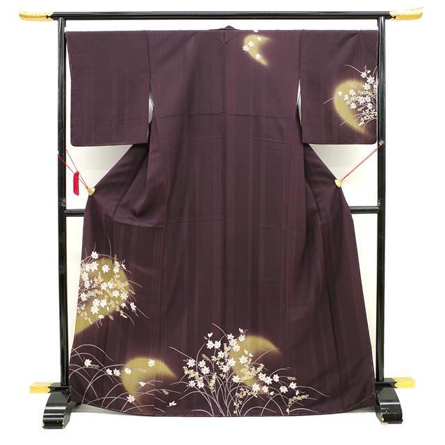 訪問着 袷 着物 正絹 濃紫 三日月 すすき 楓 フォーマル 新古品 仕立て