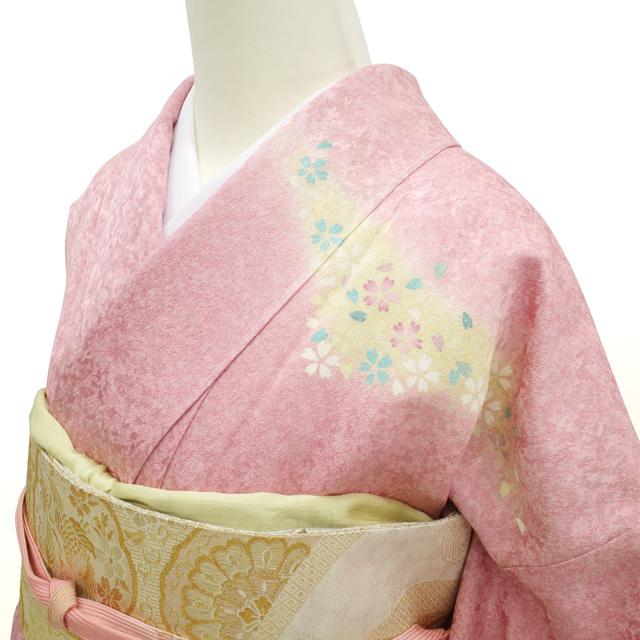 訪問着 袷 着物 薄ピンク 金通し 金駒刺繍 桜 楓 丹後ちりめん