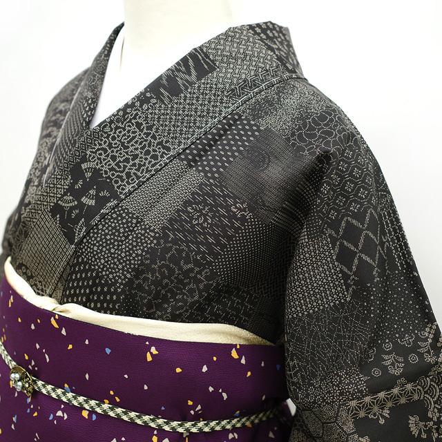 本場大島紬 袷 着物 染大島 正絹 黒地 様々な古典柄 花柄 カジュアル
