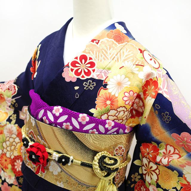 振袖 着物 金駒刺繍 濃紺 ネイビー 花 正絹 成人式 二十歳 20歳 結婚