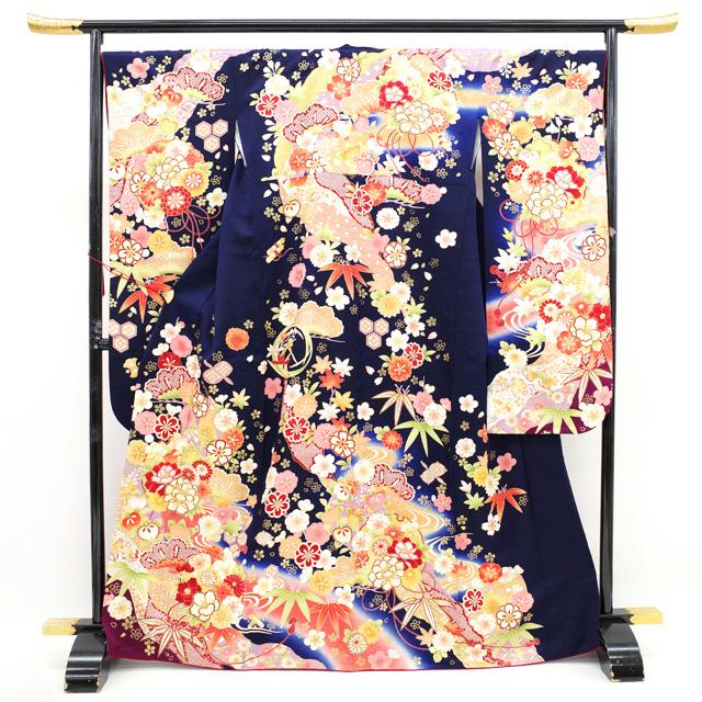 振袖 着物 金駒刺繍 濃紺 ネイビー 花 正絹 成人式 二十歳 20歳 結婚