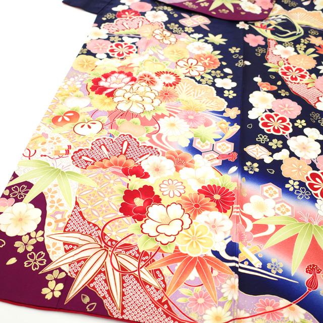 振袖 着物 金駒刺繍 濃紺 ネイビー 花 正絹 成人式 二十歳 20歳 結婚