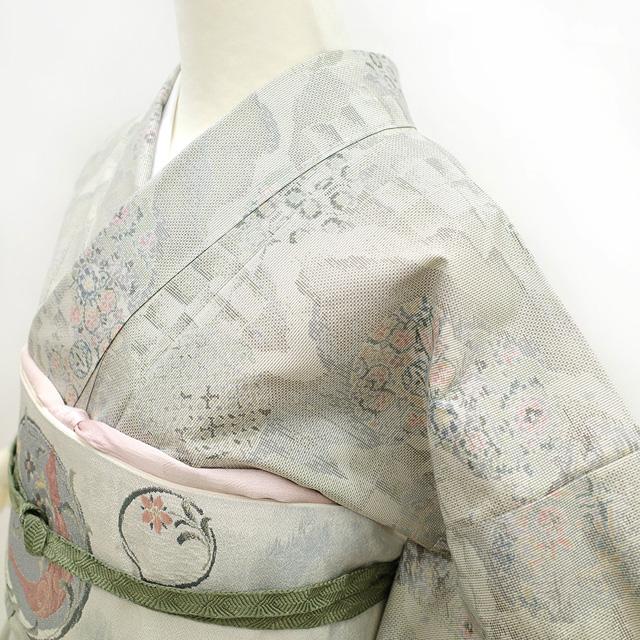 本場大島紬 都喜ヱ門 藤絹織物 袷 着物 藤白泥 横双 ライトグレー 道長