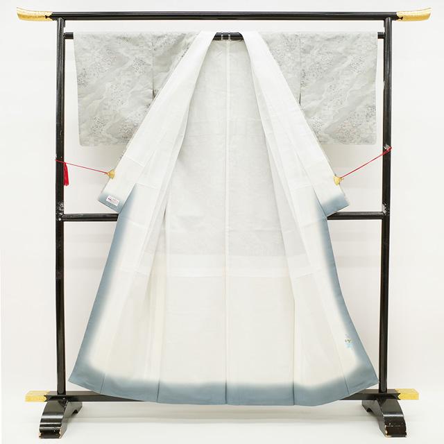 本場大島紬 都喜ヱ門 藤絹織物 袷 着物 藤白泥 横双 ライトグレー 道長