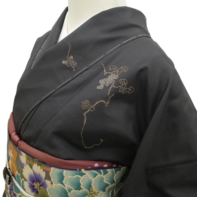 紬 訪問着 袷 着物 刺し子 手刺繍 正絹 濃グレー地 葡萄 ぶどう 竹