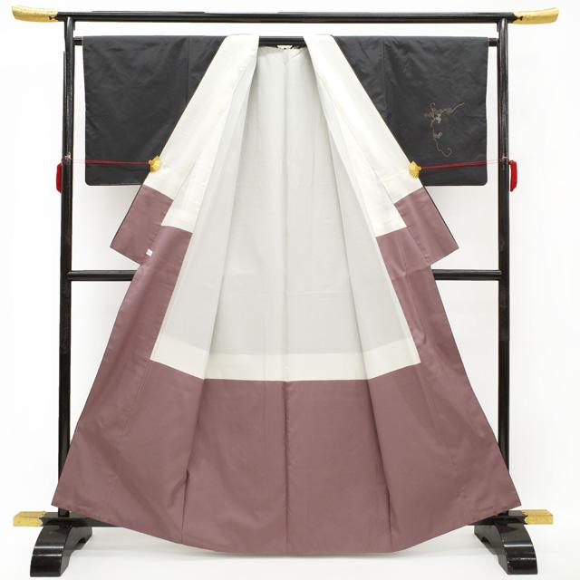 紬 訪問着 袷 着物 刺し子 手刺繍 正絹 濃グレー地 葡萄 ぶどう 竹